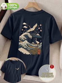 Women's Navy Blue Crane & Wave Embroidery Cotton Casual Round Neck Short Sleeve Top, Suitable For Spring, Summer And Autumn - Navy Blue - View 6