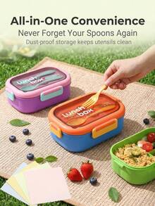 1000ml Leak-Proof Divided Lunch Box With Handle, Reusable, Airtight Fresh-Keeping, Includes Utensil Set, Suitable For Office Workers, Camping, Hiking And Back To School Season, Microwave And Dishwasher - Multicolor - View 11