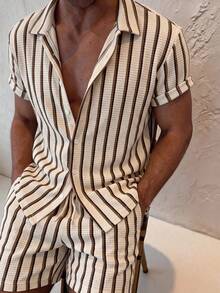 GOLDREDY Men's Summer New Knit Random Stripe Texture Short Sleeve Shirt With Matching Drawstring Shorts 2 Pieces Set - Apricot - View 2
