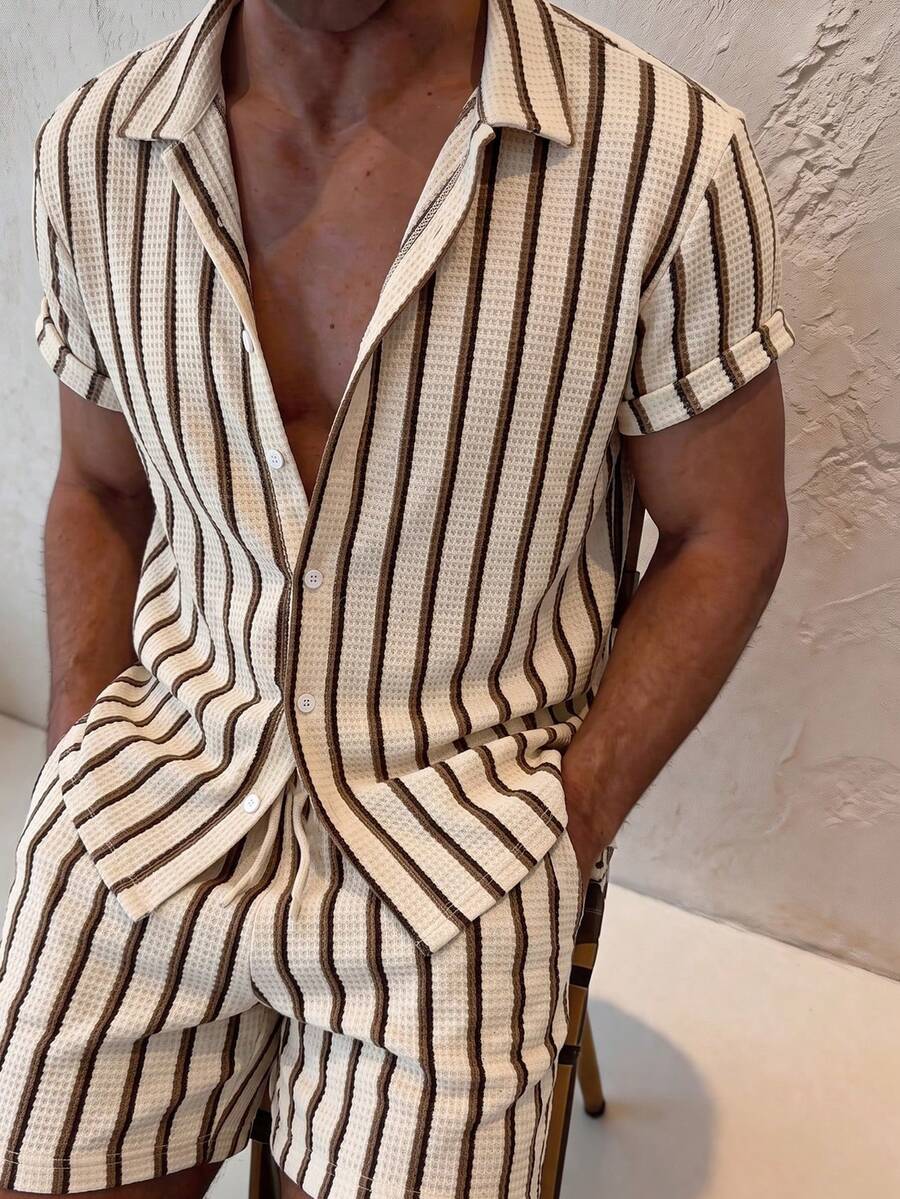 GOLDREDY Men's Summer New Knit Random Stripe Texture Short Sleeve Shirt With Matching Drawstring Shorts 2 Pieces Set