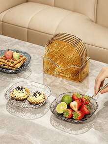 Stackable Transparent Gold Rim Floral Glass Plate Storage Tray Set, Suitable For Christmas And Halloween Party Tableware, Tableware Set, School Supplies, Halloween Home Decor, Daily Necessities, Plate Set And Autumn Home Decor - Transparent Lace Plate 15cm - View 6