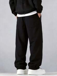 Men's Black Wide Leg Pants With Double White Side Stripes, Zipper Detail Pockets, Drawstring, Loose Lightweight Streetwear Long Pants - Black - View 5