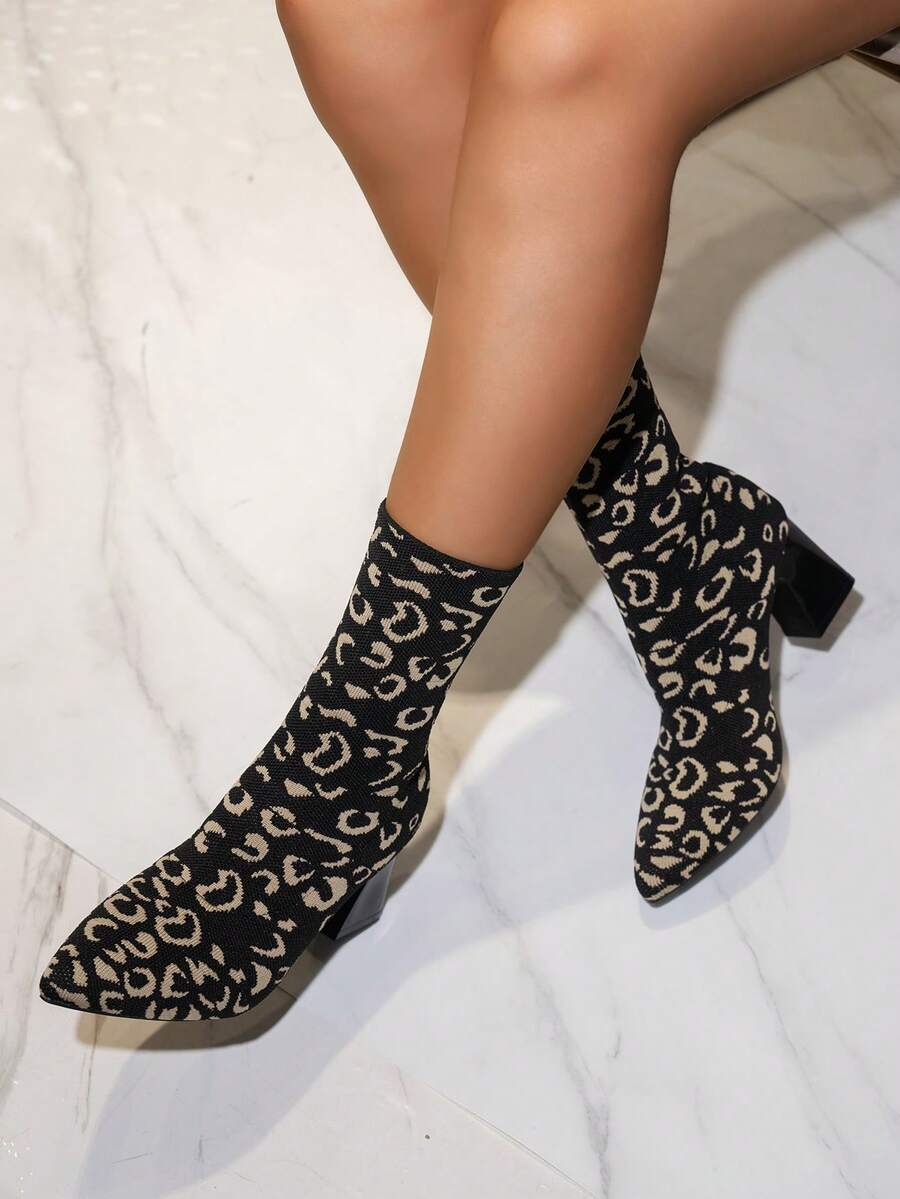 NANBEI ZUO Women's High Heel Knit Mid-Calf Boots Fashionable Simple Versatile Thick Heel Elastic Boots Suitable For Christmas Wear - Black - View 1