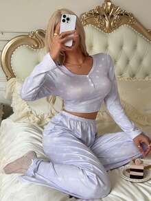 2pcs Women's Heart Print Long Sleeve Top + Long Pants Pajama Set - Purple - View 5