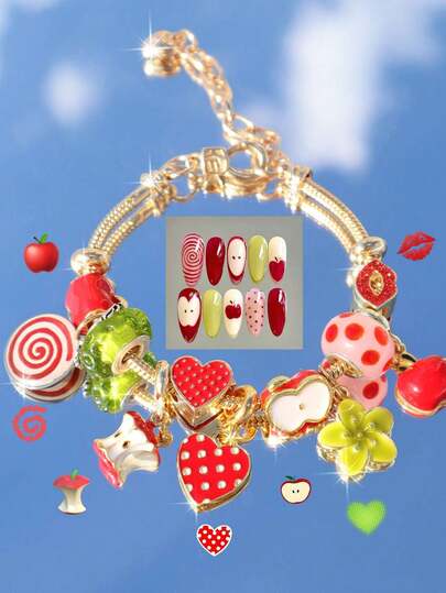 1pc Red Polka Dot Apple Charm Bracelet, Polka Dot Heart Swirl Flower Bracelet