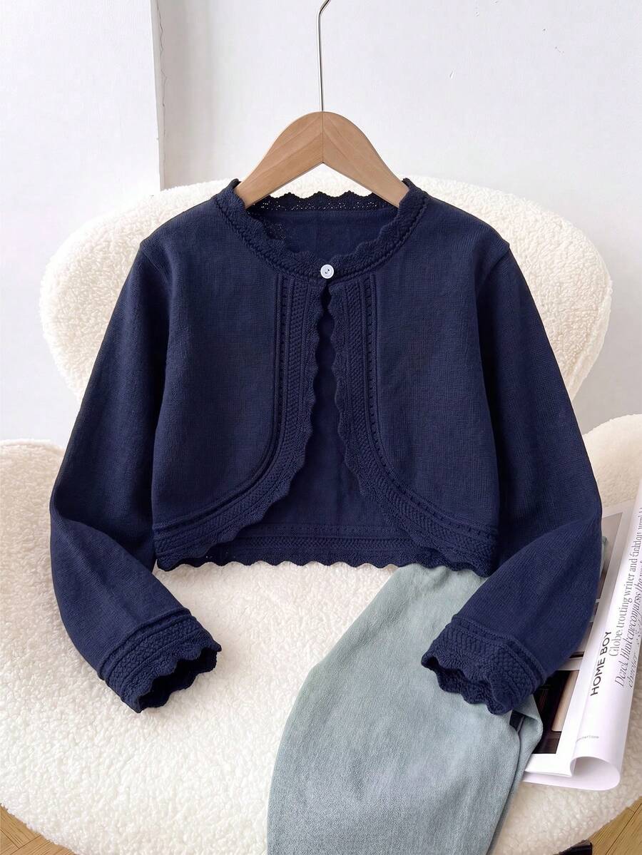 Young Girl Elegant Solid Color Knit Cardigans With Scallop Trim