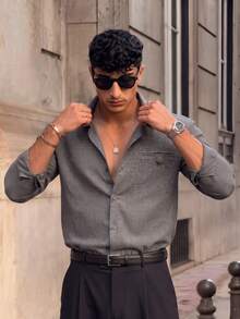 Lookun Men's Gray Shirt, Turn-Down Collar, Long Sleeve, Slightly Loose Fit, Italian Retro Style, Chest Pocket, Button Decor, Casual Daily Commute Shirt, Spring/Summer - Grey - View 3