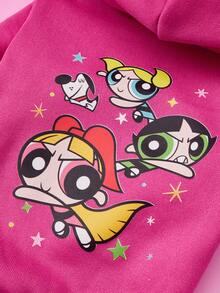 THE POWERPUFF GIRLS X PETSIN 1件可愛卡通大眼女孩三人印花玫瑰紅連帽衫，休閒秋冬款厚實保暖寵物衣，適合舒適室內時光或寒冷戶外散步 - 玫紅色 - 查看 6