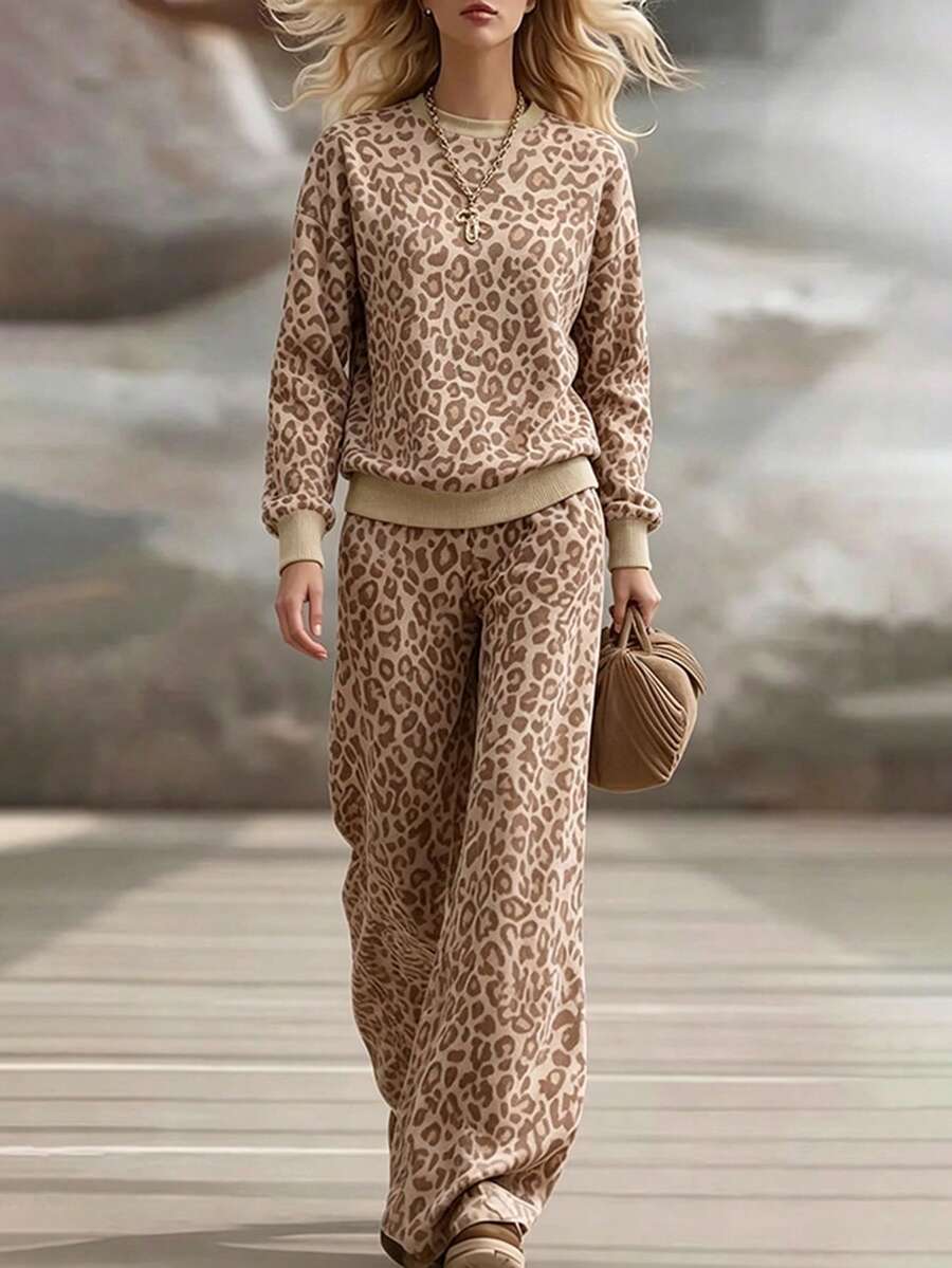 2026 Women's Autumn/Winter Lazy Relaxed Style Knit Loose Two Pieces Set, Coffee-Colored Leopard Print Knit Loose Round Neck Long Sleeve Top + Wide Leg Pants Leopard Print Set, Suitable For Commuting, Casual, Daily Commuting, Street Outings, Workplace Commuting, Shopping, Dating And Other Occasions. - Multicolor - View 1