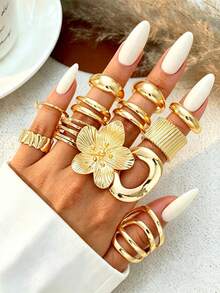 12/5pcs Gold Bohemian Vacation Style Women's Rings Set, Floral Geometric Asymmetrical Shape Multi-Layer Casual Daily Versatile Rings, Suitable For Vacation, Photography, Daily Wear, Dating - Yellow Gold - View 6
