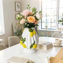 1pc 3D Lemon Embossed Ceramic Vase, White Wavy Edge, Decorative Vase, Home Tabletop Centerpiece - Multi-color - View 4