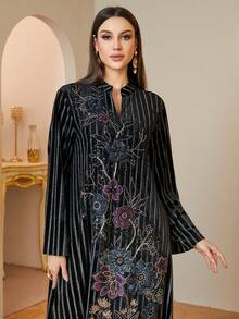Warm Winter Velvet Muslim Abaya V-Neck Stand Neck Floral Applique Moroccan Kaftan Ladies Formal Dress - Black - View 3