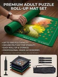 1500 Piece Puzzle Mat Rollable - Non-Slip Felt Storage Mat, (Single Puzzle Mat) - 1 Set 12pcs (1 Puzzle Mat + 1 Air Tube/1 Pump, 4 Sorting Trays And 1 Storage Bag + 3 Straps) (Black/Green) 1pc - Puzzle Mat + 4/6 Sorting Trays Random Color Christmas Gift - Birthday Gift - Holiday Gift - Small Gift - Perfect Little Gift - Multicolor - View 2