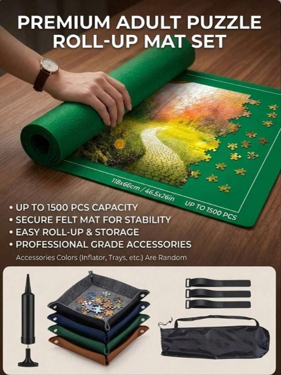 1500 Piece Puzzle Mat Rollable - Non-Slip Felt Storage Mat, (Single Puzzle Mat) - 1 Set 12pcs (1 Puzzle Mat + 1 Air Tube/1 Pump, 4 Sorting Trays And 1 Storage Bag + 3 Straps) (Black/Green) 1pc - Puzzle Mat + 4/6 Sorting Trays Random Color Christmas Gift - Birthday Gift - Holiday Gift - Small Gift - Perfect Little Gift