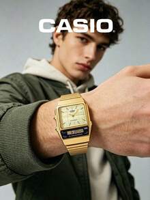 CASIO Vintage Gold Square Outdoor Sports Dual Display Watch Collection, Retro Metal Steel Band Square Watch, Solar Powered Waterproof Multi-Function Outdoor Sports Electronic Watch - one-size - View 2