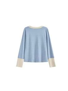 Women's Design Button Henley Collar Long Sleeve T-Shirt, Spring/Autumn New Vintage Contrast Color Striped Base Layer Slim Fit Top (Random Stripes) - Blue - View 4