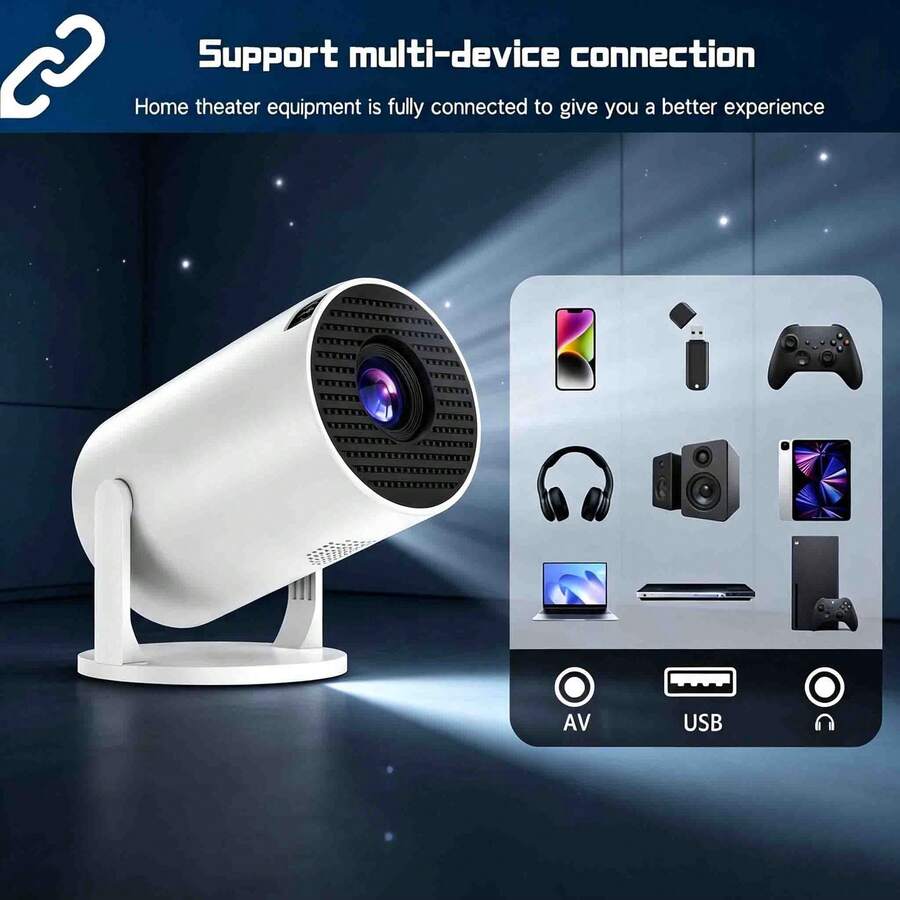 High Definition Smart Mini Projector, 50 ANSI Lumens Brightness, 180° Rotatable Portable Home Theater Projector, No Screen Required, Project On Wall For Use, Equipped With Remote Control, Suitable For Bedroom, Living Room, Office, Outdoor Camping And Home Gatherings - White - View 1