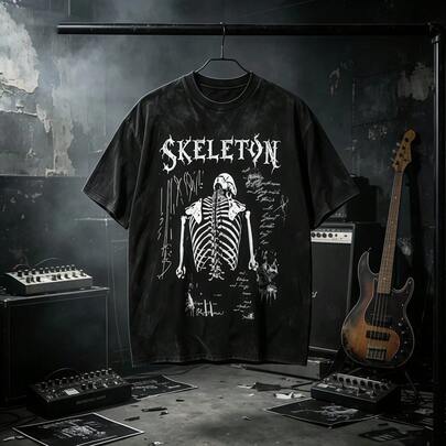 Black Gray Two Color Skeleton Gothic Letter Graphic Vintage Washed Graphic Tees Men, Dark Punk Streetwear Tops For Men