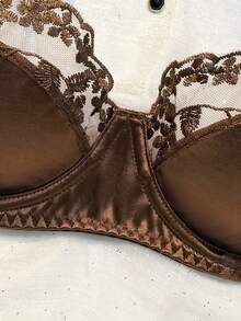 Women's 2 Pieces Brown Floral Embroidered Satin & Sheer Mesh Underwire Bra & Thong Lingerie Set - Coffee Brown - View 5