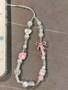 Cute Handmade Beaded Phone Charm, Sweet Macaron Color Beaded Phone Charm With Pink Bow And Cartoon Decoration - Pink - View 4