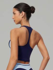 Sodalemon Women's Colorblock Fitness Running Sports Tank Top, Racerback With Removable Padding, Elastic Workout Top, Suitable For Pilates Yoga Exercise - Blue - View 6