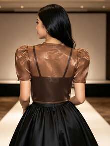 夏季時尚優雅印花泡泡袖短袖開襟衫上衣，女款 Bolero Filipiniana 上衣 - 咖啡棕 - 查看 2