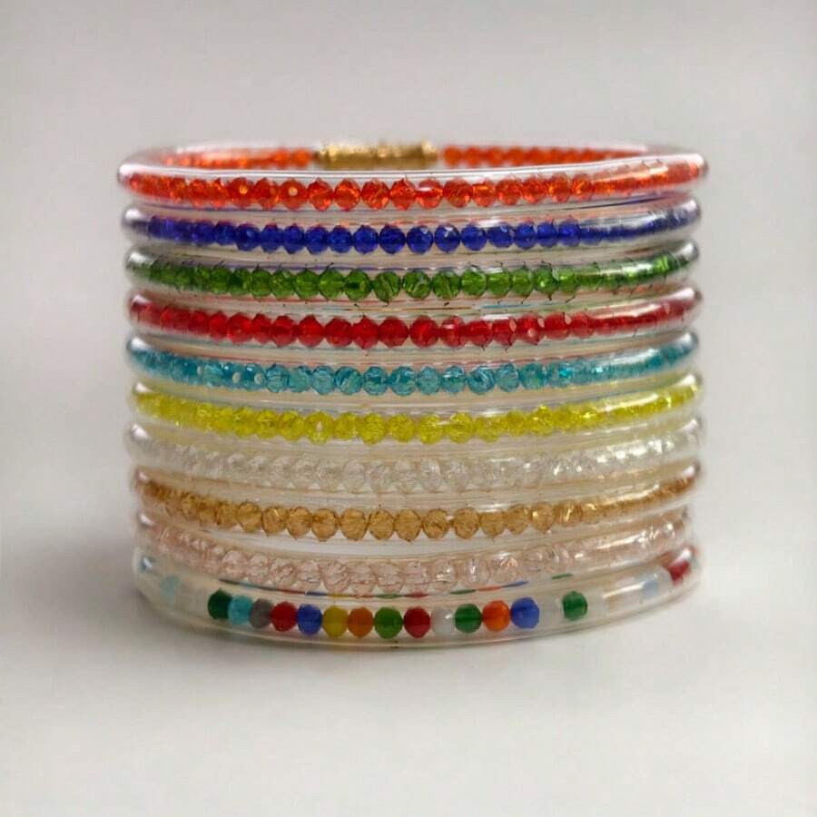 7pcs/Set Fashion Crystal Glitter Jelly Bracelets For Women, Lucky Symbol Buddhist Wristbands - Multicolor - View 1
