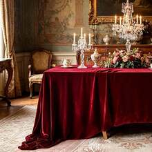 1pc Luxury Burgundy Velvet Tablecloth, Elegant Draping Fluid Table Cover, Suitable For Wedding, Christmas, Banquet And Home Dining Table Decor - Jujube Red - View 4
