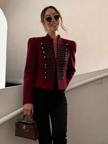 Autumn Winter New Fashion Court Style Coats Leisure Long Sleeve Jackets For Woman Elegant Double Breasted Burgundy Jackets Napoleon Style Jacket - Burgundy - View 6