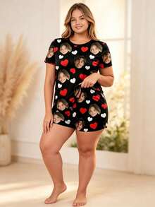 Customized Face Plus Size Women's Pajama Set, Black Red Heart Short Sleeve Loungewear, Personalized Photo Customization, Fun Valentine's Day Gift For Her - Black - View 3