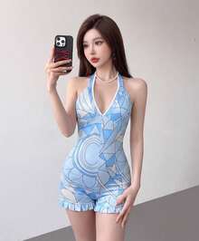 Stylish Blue Geometric Print Halter Bodysuit For Women, Sleeveless Polyester Swimsuit With Frill Accent, Medium Stretch And Form-Fitting - Blue - View 1