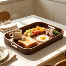 1 Peça Bandeja de Madeira de Nogueira com Alças, Para Alimentos, Lanches, Bebidas, Sushi, Bife, Pizza, Sobremesas, Bolos, Pão, Café da Manhã, Café, Chá, Travessas, Bandeja de Madeira Maciça com Dupla Alça Estilo Chinês Novo, Exibição de Bolo e Frutas para Chá da Tarde, Bandeja de Armazenamento de Chaves e Diversos para Entrada, Cor de Nogueira Vintage, Versátil para Vários Estilos de Decoração Doméstica - bordô - Visão 8