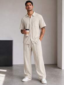 Blueprint Man Men's 2-Piece Set, Apricot Linen-Like Dropped Shoulder Short Sleeve Shirt + Long Pants, Drawstring Waist Design, Comfortable Soft Textured Fabric, Durable And Resistant To Deformation, Casual Fashion Minimalist Old Money Style, Suitable For Daily Commute And Vacation - Apricot - View 3