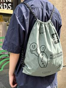 Mochila de estilo coreano con diseño de nicho, estilo Ins, para ir al trabajo, uso diario, compras y actividades al aire libre, con estampado de letras, gran capacidad, nueva, con cordón, para estudiantes universitarios, bolsa cubo de un solo hombro - Verde Oliva - Ver 4