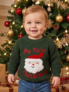 Baby Christmas Sweater Long Sleeve Letters Santa Claus Warm Winter Pullover - Verde - Ver 3