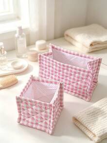 1pc Beautiful Quilted Desktop Storage Basket, Desktop Clutter Organizer, Lipstick Makeup Brush Skincare Product Storage Basket, Desktop Decor, Makeup Organizer Box, Used For Organizing Makeup Brushes And Skincare Products - Multicolor - View 9