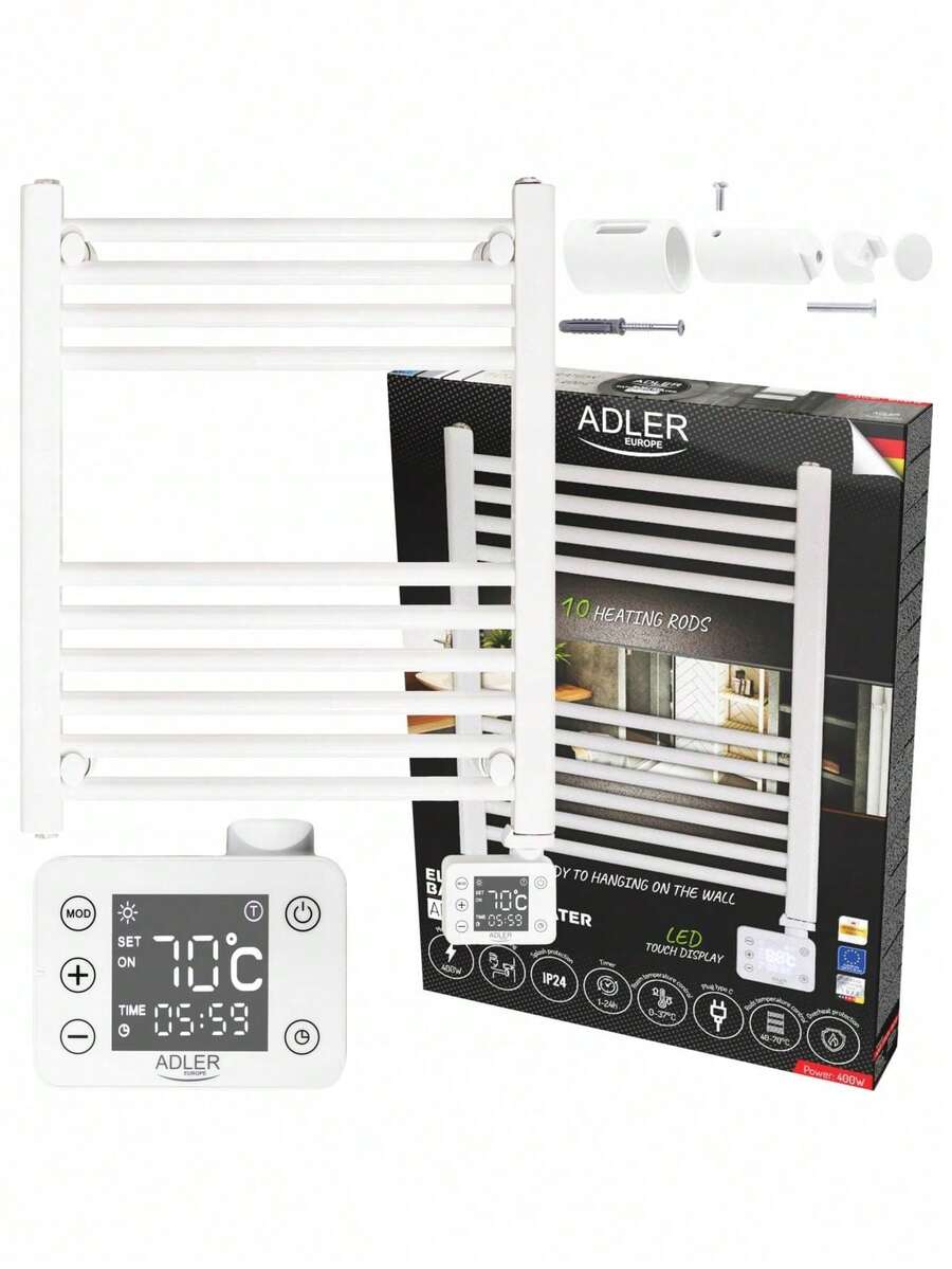 Adler Bathroom Heater, Towel Warmer, Heated Towel Rail, Ladder Radiator - 400W, 10 Heating Bars, 2 Heat Modes, LED Touch Panel, 24H Timer, IP24, Glycol-Filled, White - EU E Type Plug(220-240V) - View 1