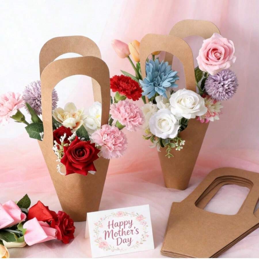 Kraft Paper Flower Packaging Bag With Handle, Cone-Shaped Bouquet Wrapping Paper Bag, Portable Flower Shop Packaging Paper Bag, Suitable For Wedding, Birthday, Party And Christmas Decoration, Christmas Home Decor, Halloween Decoration And Christmas Gifts - Light Yellow - View 1