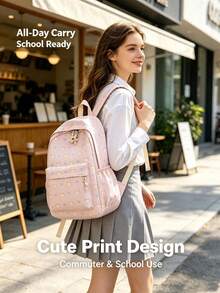 1pc/4pcs Cute Cat Bow Print Backpack, Large Capacity Waterproof Nylon Multi-Pocket Macaron Color Student School Bag, American Casual Daily Backpack, Suitable For Teenage Girls Students Travel Supplies - Multiple Styles - View 6