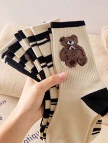 5 Pairs New Mid-Calf Women's Socks, Cute Sweet Bear Design, Japanese Style Striped Feather Yarn Long Socks, Korean Version Ins Socks, Autumn/Winter - Multicolor - View 1