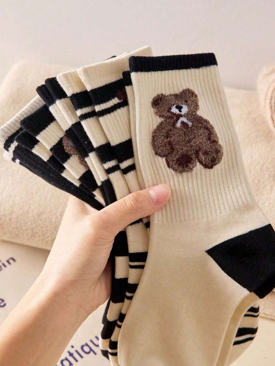 5 Pairs New Mid-Calf Women's Socks, Cute Sweet Bear Design, Japanese Style Striped Feather Yarn Long Socks, Korean Version Ins Socks, Autumn/Winter - Multicolor - View 1