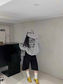 Autumn/Winter Slouchy Relaxed Minimalist Versatile Letter Print Design Casual Loose Crew Neck Sweatshirt - Light Grey - View 2