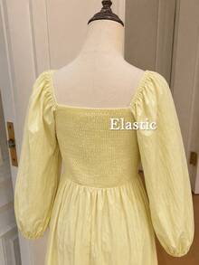 Yellow Square Neck Puff Long Sleeve Layered Maxi Dress, Bohemian Style Flowy Elegant Vacation Dress - Yellow - View 11