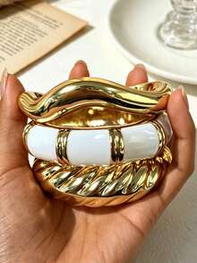 3/1pc Vintage Casual Women's Gold Wave-Shaped CCB And White Drip Oil Wave Twisted Metal Bracelet Set, Suitable For Daily Wear, Beach, Vacation, Date, Party, Wedding, Gift - Multicolor - View 2