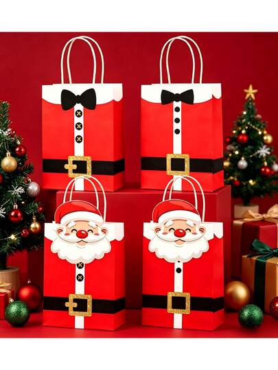 4pcs Santa Costume Christmas Paper Gift Bags, Xmas Party Favor Bags, Holiday Handheld Gift Tote, Xmas Holiday Handheld Goodie Bags For Party Presents