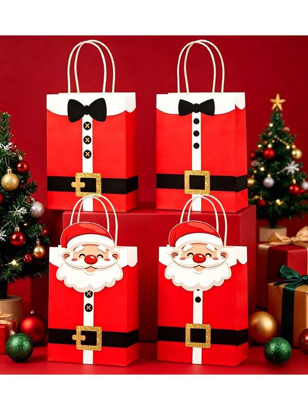 4pcs Santa Costume Christmas Paper Gift Bags, Xmas Party Favor Bags, Holiday Handheld Gift Tote, Xmas Holiday Handheld Goodie Bags For Party Presents