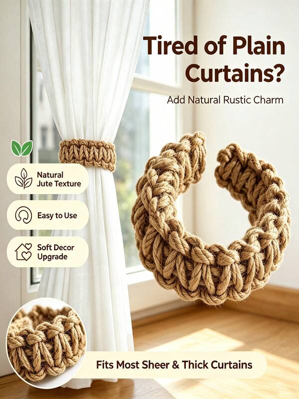1pc C-Shaped Adjustable Natural Jute Braided Curtain Tieback, Handwoven Rustic Farmhouse Boho Curtain Holdback Buckle, Decorative Woven Rope Drape Strap, Window Curtain Accessory For Bedroom Living Room Cottage Home Decor