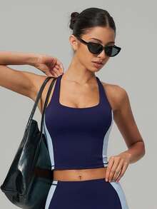 Sodalemon Women's Colorblock Fitness Running Sports Tank Top, Racerback With Removable Padding, Elastic Workout Top, Suitable For Pilates Yoga Exercise - Blue - View 7