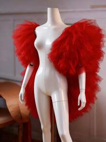 1pc Ethereal Multi‑Color Mesh Shawl, Bridal Shoulder Wrap, Host Evening Dress Outer, Art Exam Performance Photoshoot Wedding Party Accessory - Red - View 2