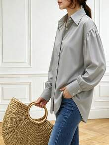 Casual Lantern Sleeve Collared Shirt - Grey - View 6